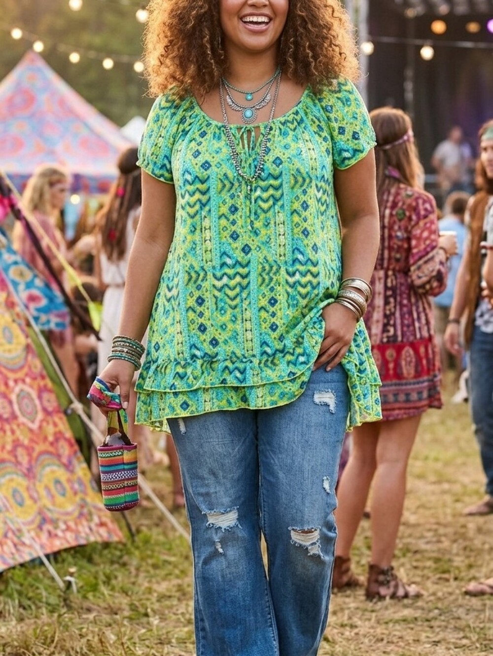 Avenue Boho Geometric Print Peasant Blouse Top Plus Size 1X Blue Green Ruffle